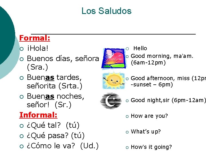 Los Saludos Formal: ¡ ¡Hola! ¡ Buenos días, señora (Sra. ) ¡ Buenas tardes,