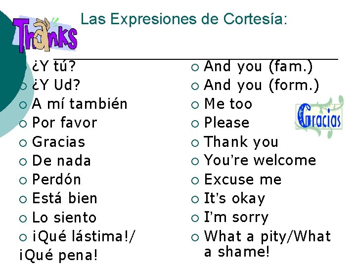 Las Expresiones de Cortesía: ¿Y tú? ¡ ¿Y Ud? ¡ A mí también ¡