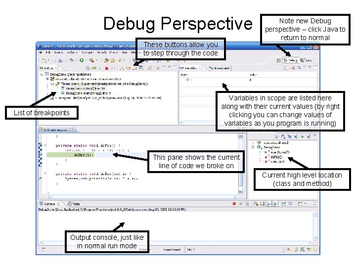 Debug Perspective These buttons allow you to step through the code Note new Debug Debug Perspective These buttons allow you to step through the code Note new Debug