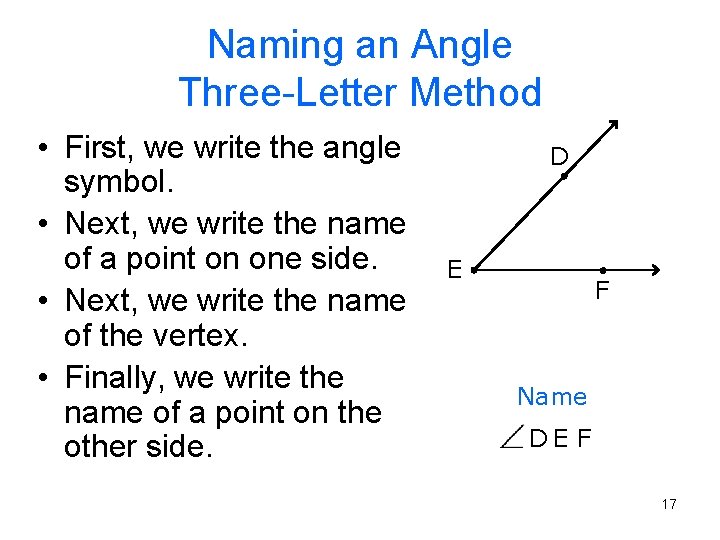 Naming an Angle Three-Letter Method • First, we write the angle symbol. • Next, Naming an Angle Three-Letter Method • First, we write the angle symbol. • Next,