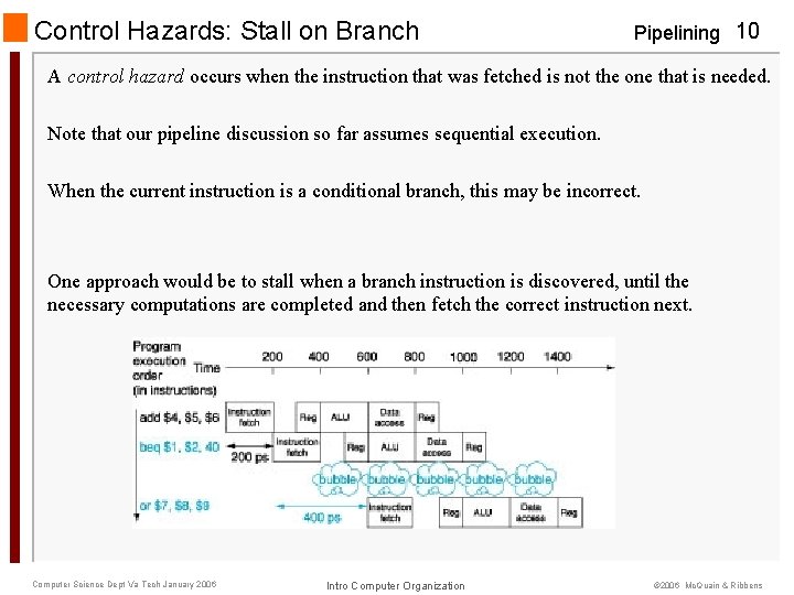 Control Hazards: Stall on Branch Pipelining 10 A control hazard occurs when the instruction