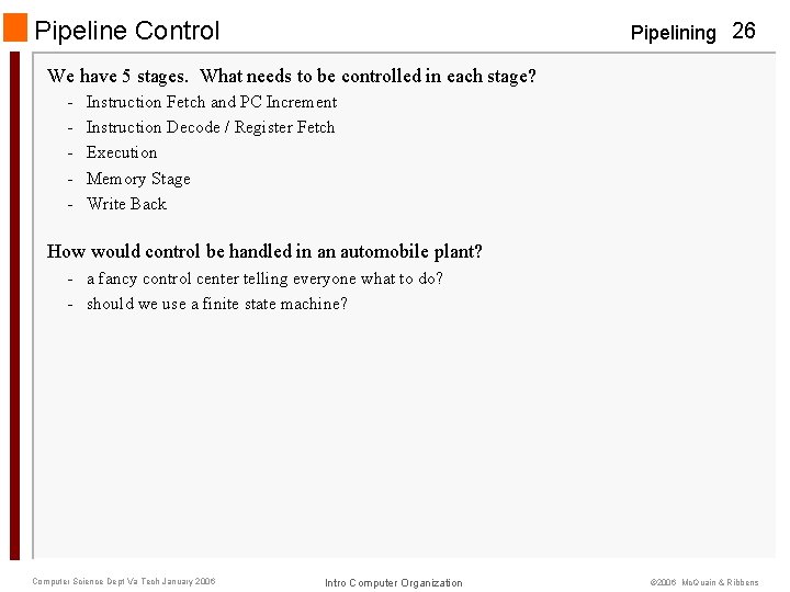 Pipeline Control Pipelining 26 We have 5 stages. What needs to be controlled in