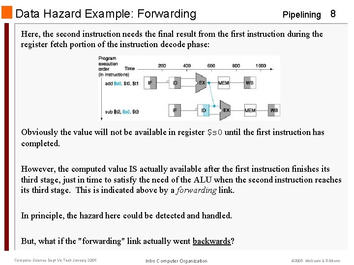 Data Hazard Example: Forwarding Pipelining 8 Here, the second instruction needs the final result