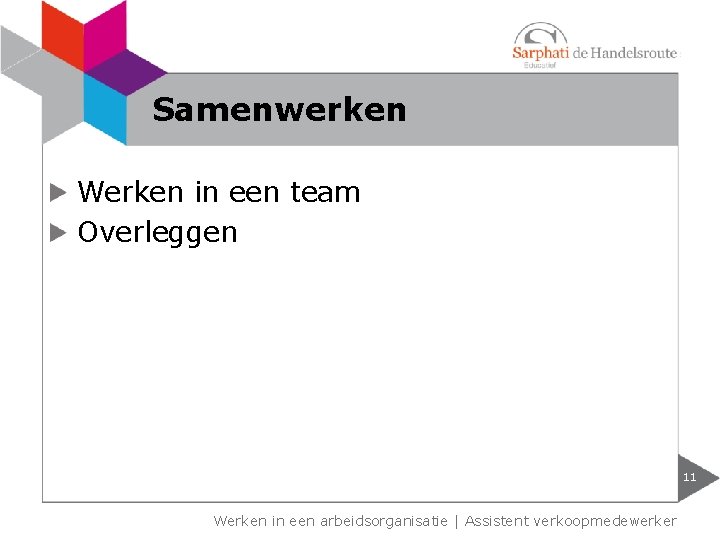 Samenwerken Werken in een team Overleggen 11 Werken in een arbeidsorganisatie | Assistent verkoopmedewerker Samenwerken Werken in een team Overleggen 11 Werken in een arbeidsorganisatie | Assistent verkoopmedewerker
