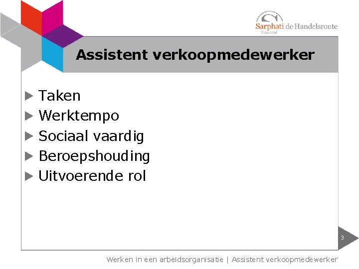 Assistent verkoopmedewerker Taken Werktempo Sociaal vaardig Beroepshouding Uitvoerende rol 3 Werken in een arbeidsorganisatie Assistent verkoopmedewerker Taken Werktempo Sociaal vaardig Beroepshouding Uitvoerende rol 3 Werken in een arbeidsorganisatie