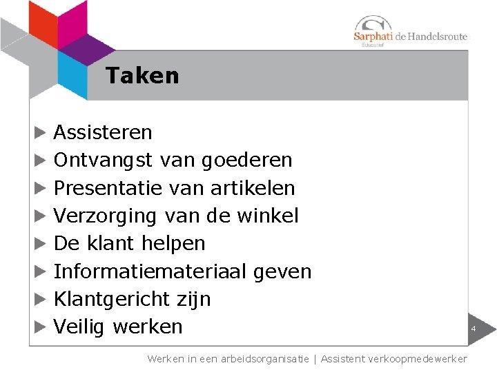 Taken Assisteren Ontvangst van goederen Presentatie van artikelen Verzorging van de winkel De klant Taken Assisteren Ontvangst van goederen Presentatie van artikelen Verzorging van de winkel De klant