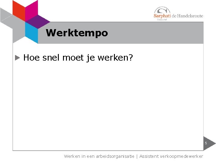 Werktempo Hoe snel moet je werken? 5 Werken in een arbeidsorganisatie | Assistent verkoopmedewerker Werktempo Hoe snel moet je werken? 5 Werken in een arbeidsorganisatie | Assistent verkoopmedewerker
