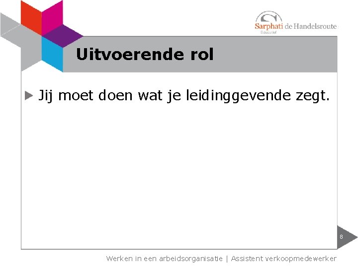 Uitvoerende rol Jij moet doen wat je leidinggevende zegt. 8 Werken in een arbeidsorganisatie Uitvoerende rol Jij moet doen wat je leidinggevende zegt. 8 Werken in een arbeidsorganisatie