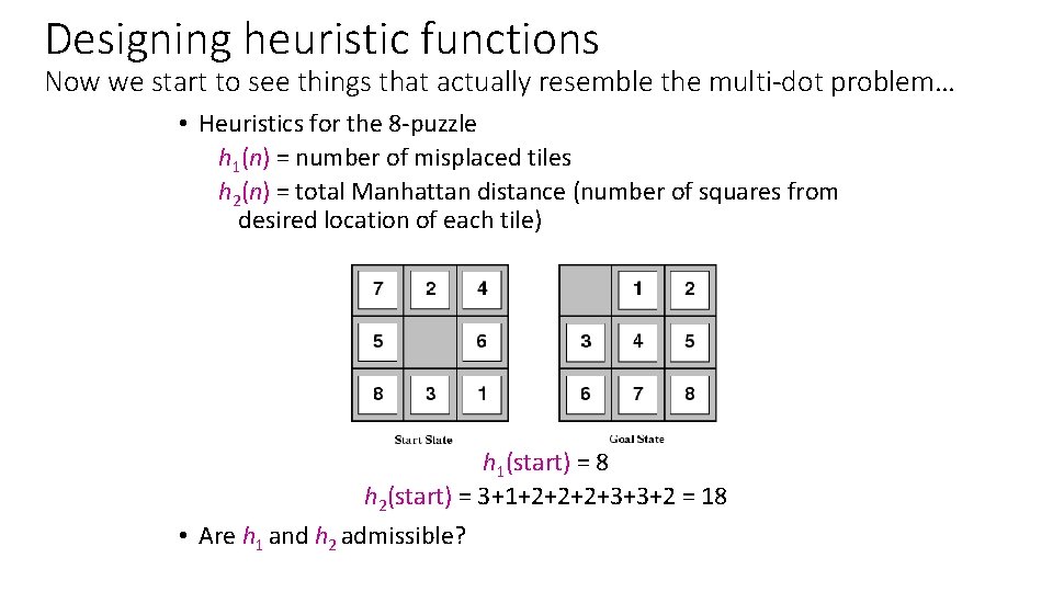 Designing heuristic functions Now we start to see things that actually resemble the multi-dot