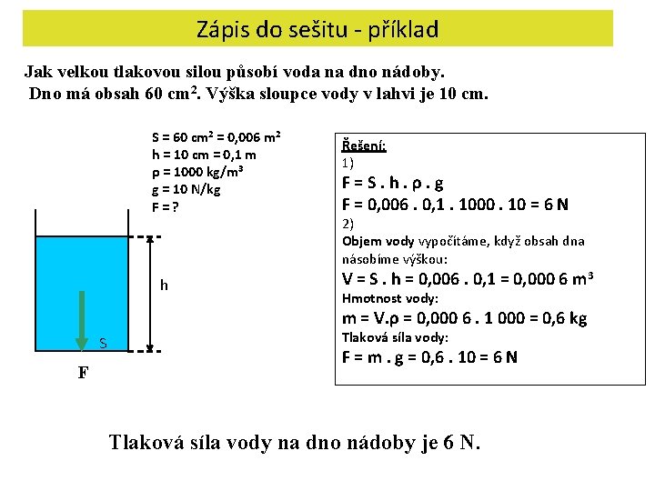 Zápis do sešitu - příklad Jak velkou tlakovou silou působí voda na dno nádoby.