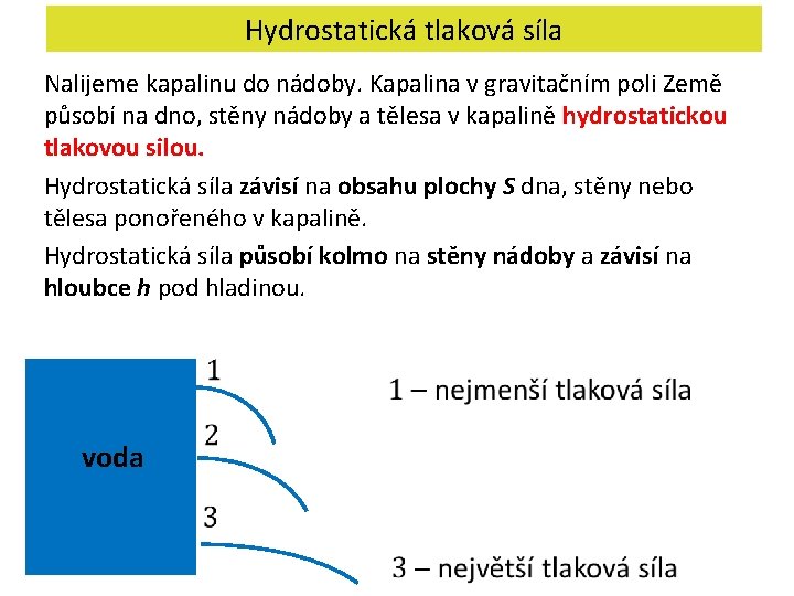 Hydrostatická tlaková síla Nalijeme kapalinu do nádoby. Kapalina v gravitačním poli Země působí na