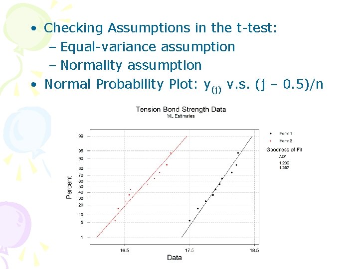  • Checking Assumptions in the t-test: – Equal-variance assumption – Normality assumption •