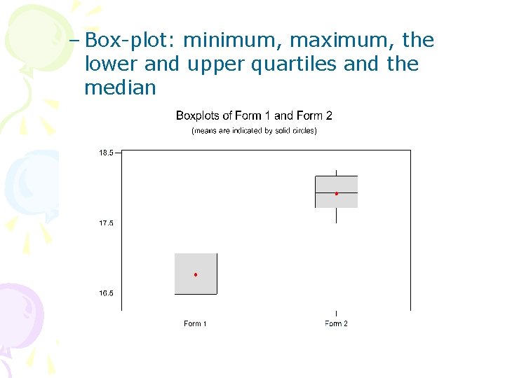– Box-plot: minimum, maximum, the lower and upper quartiles and the median 