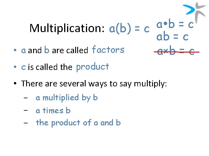 Multiplication: a(b) = c a b = c • a and b are called