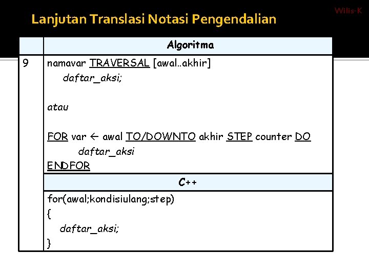 Lanjutan Translasi Notasi Pengendalian Algoritma 9 namavar TRAVERSAL [awal. . akhir] daftar_aksi; atau FOR