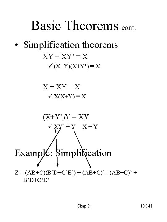 Basic Theorems-cont. • Simplification theorems XY + XY’ = X ü (X+Y)(X+Y’) = X Basic Theorems-cont. • Simplification theorems XY + XY’ = X ü (X+Y)(X+Y’) = X