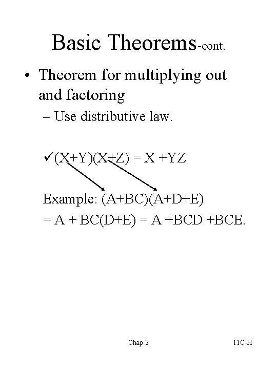 Basic Theorems-cont. • Theorem for multiplying out and factoring – Use distributive law. ü(X+Y)(X+Z) Basic Theorems-cont. • Theorem for multiplying out and factoring – Use distributive law. ü(X+Y)(X+Z)