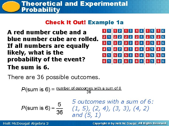 Theoretical and Experimental Probability Check It Out! Example 1 a A red number cube