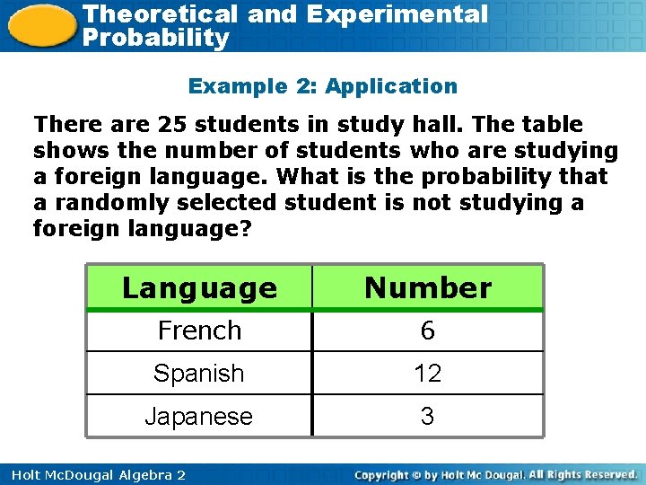 Theoretical and Experimental Probability Example 2: Application There are 25 students in study hall.