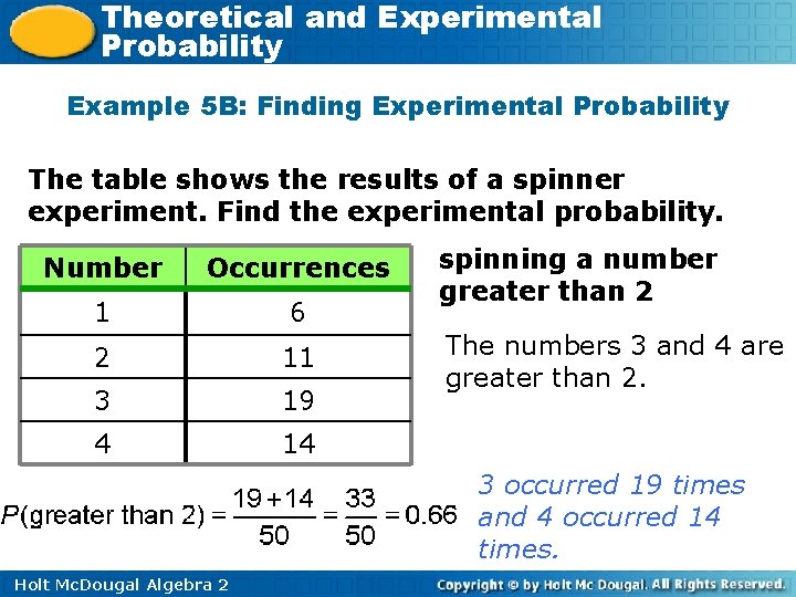 Theoretical and Experimental Probability Example 5 B: Finding Experimental Probability The table shows the