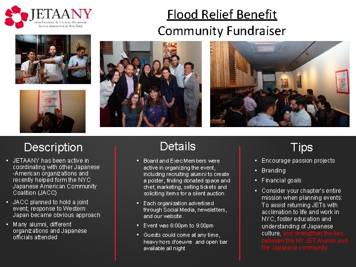 Flood Relief Benefit Community Fundraiser Description Details • JETAANY has been active in coordinating