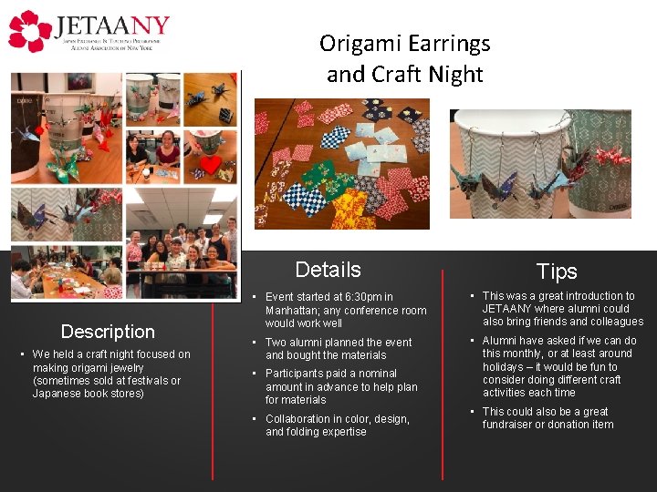 Origami Earrings and Craft Night Description • We held a craft night focused on