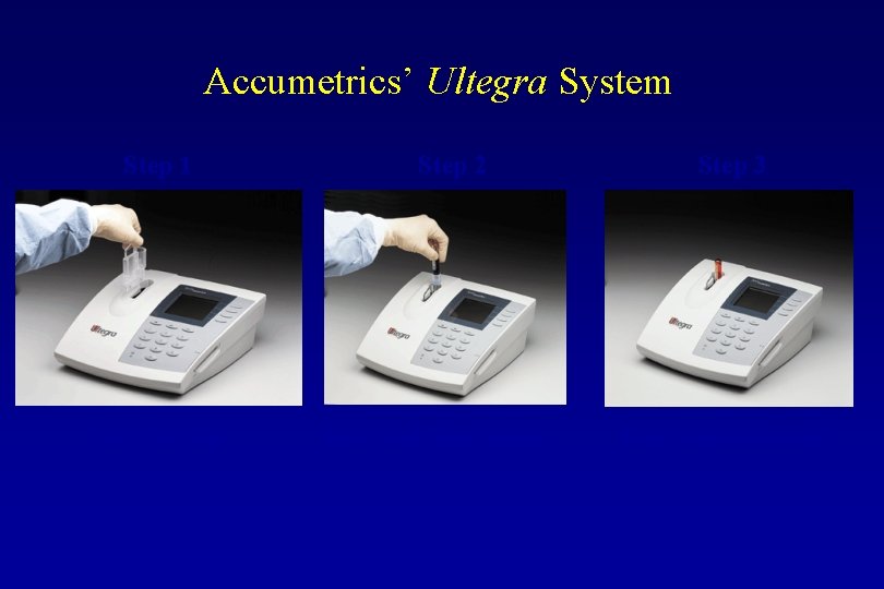 Accumetrics’ Ultegra System Step 1 Insert Cartridge Step 2 Insert whole blood sample Step