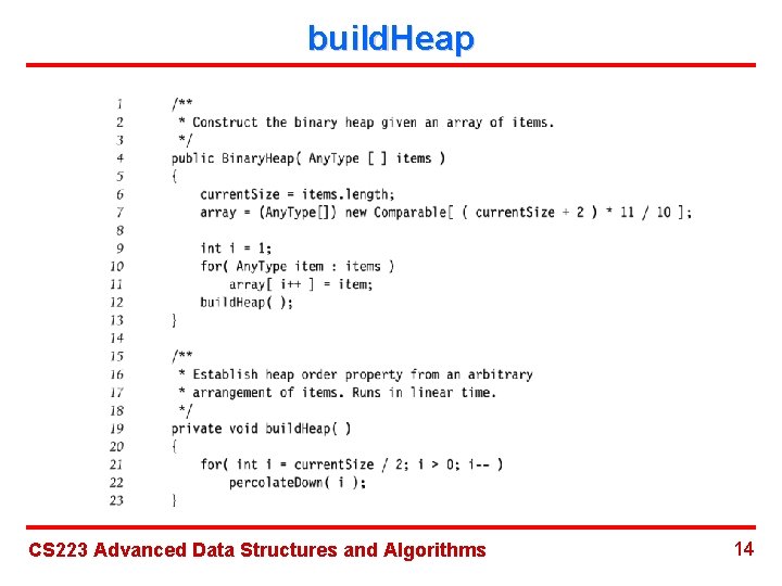 build. Heap CS 223 Advanced Data Structures and Algorithms 14 