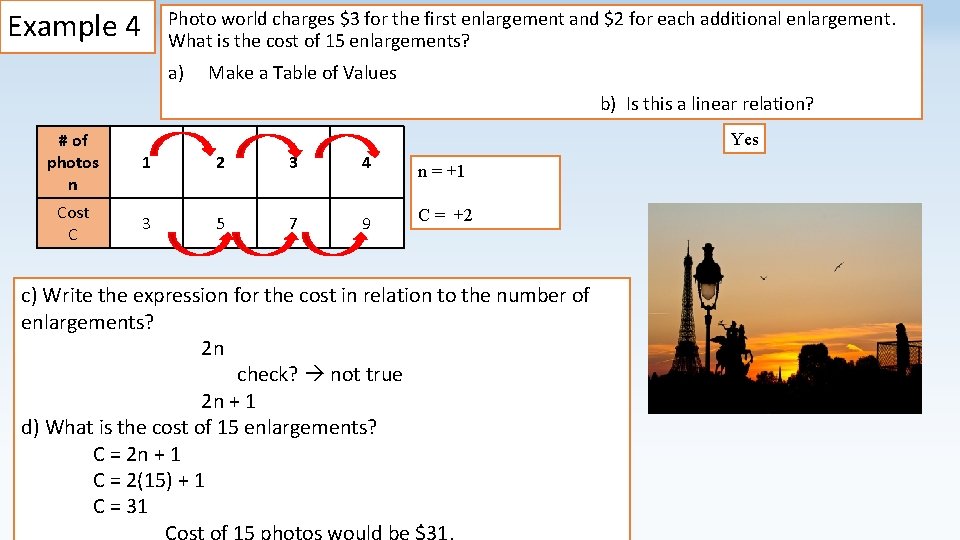 Example 4 Photo world charges $3 for the first enlargement and $2 for each
