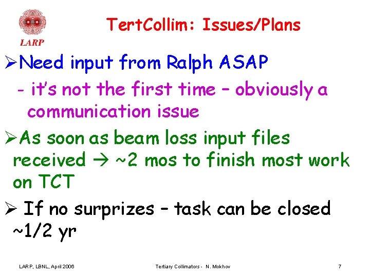Tert. Collim: Issues/Plans ØNeed input from Ralph ASAP - it’s not the first time