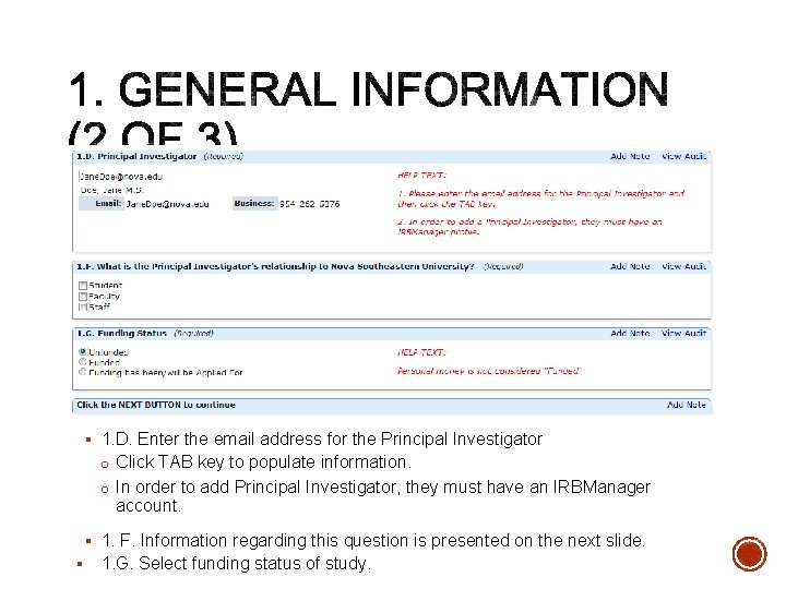 § 1. D. Enter the email address for the Principal Investigator o Click TAB
