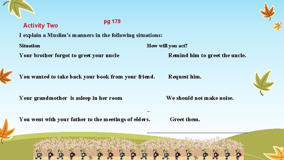 Activity Two pg 178 I explain a Muslim's manners in the following situations: Situation