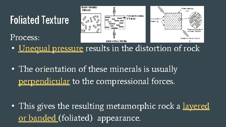 Foliated Texture Process: • Unequal pressure results in the distortion of rock • The