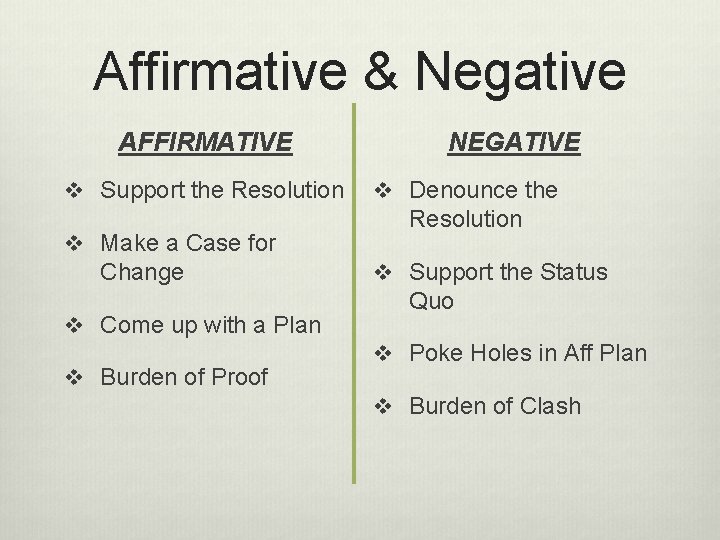 Affirmative & Negative AFFIRMATIVE v Support the Resolution v Make a Case for Change