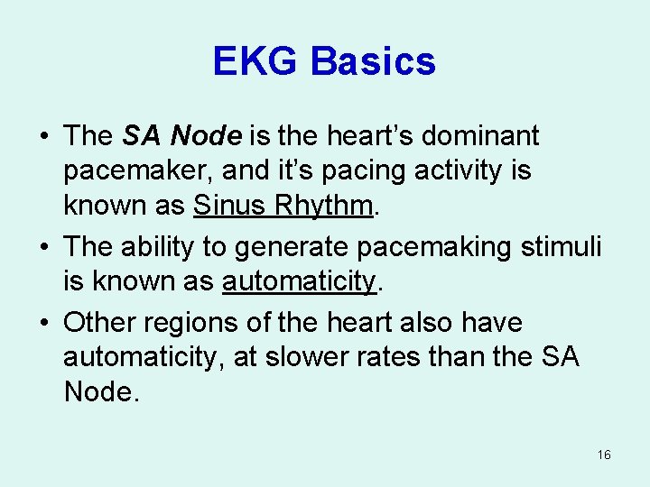 EKG Basics • The SA Node is the heart’s dominant pacemaker, and it’s pacing