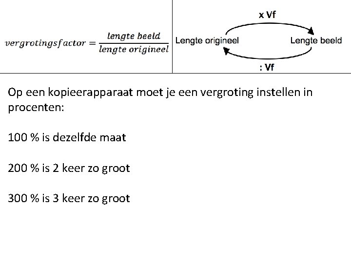 Op een kopieerapparaat moet je een vergroting instellen in procenten: 100 % is dezelfde