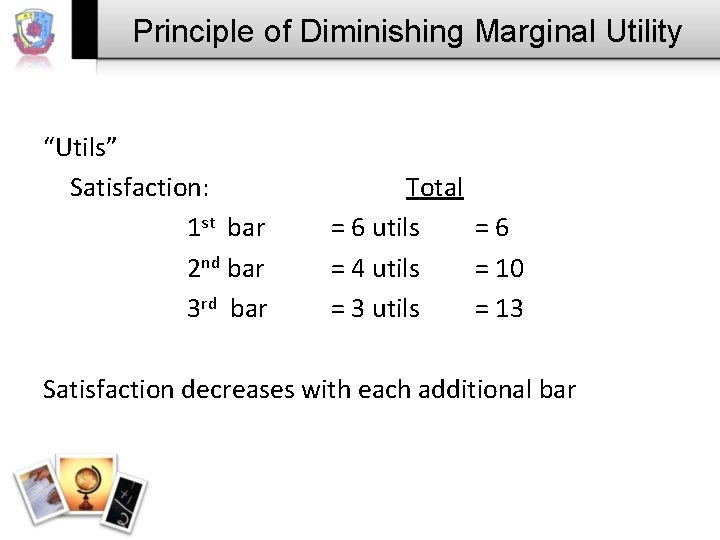 Principle of Diminishing Marginal Utility “Utils” Satisfaction: 1 st bar 2 nd bar 3