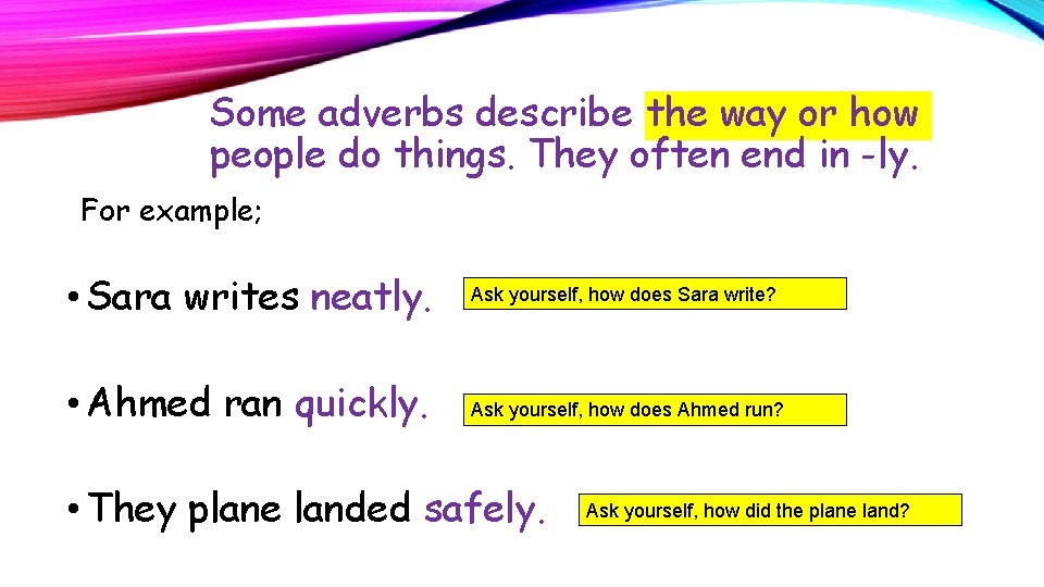 Some adverbs describe the way or how people do things. They often end in