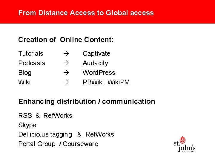 From Distance Access to Global access Creation of Online Content: Tutorials Podcasts Blog Wiki