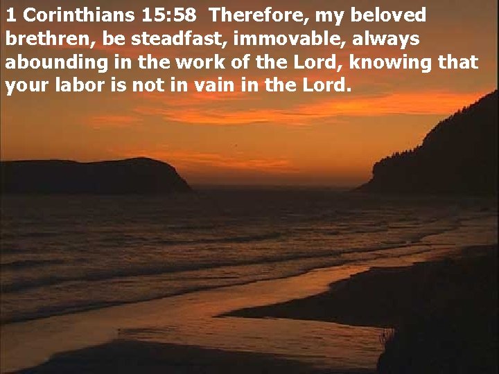 1 Corinthians 15: 58 Therefore, my beloved brethren, be steadfast, immovable, always abounding in