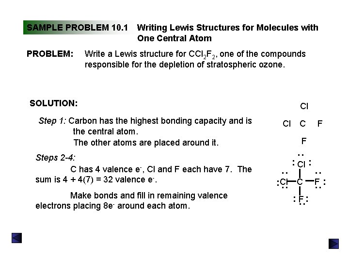 SAMPLE PROBLEM 10. 1 Write a Lewis structure for CCl 2 F 2, one