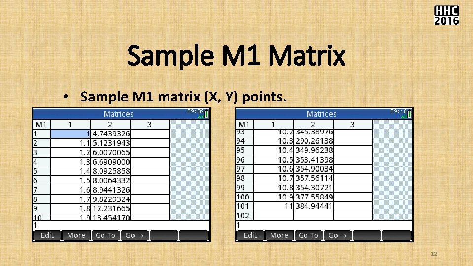 Sample M 1 Matrix • Sample M 1 matrix (X, Y) points. 12 Sample M 1 Matrix • Sample M 1 matrix (X, Y) points. 12
