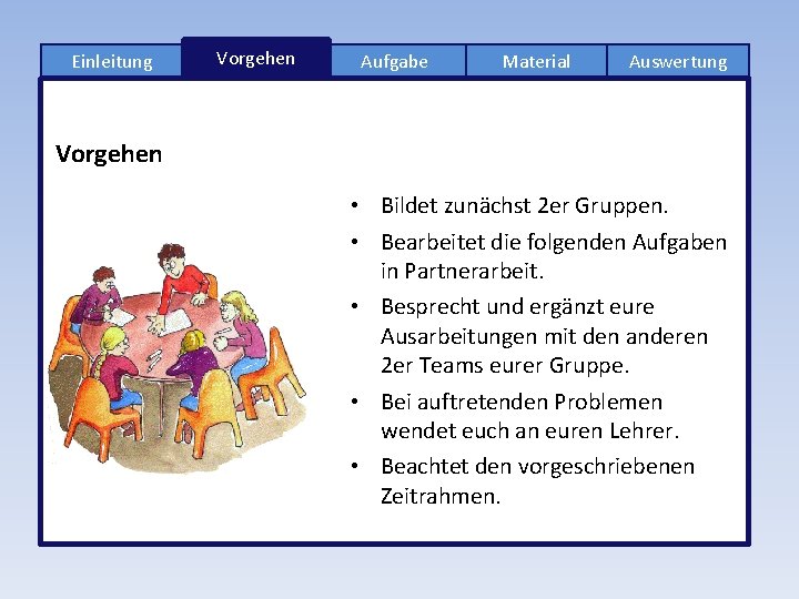 Einleitung Vorgehen Aufgabe Material Auswertung Vorgehen • Bildet zunächst 2 er Gruppen. • Bearbeitet