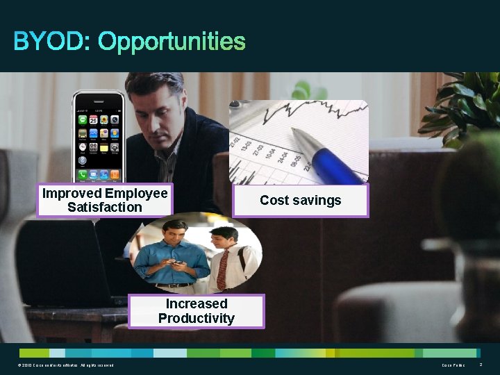 BYOD: Opportunities Improved Employee Satisfaction Cost savings Increased Productivity © 2010 Cisco and/or its