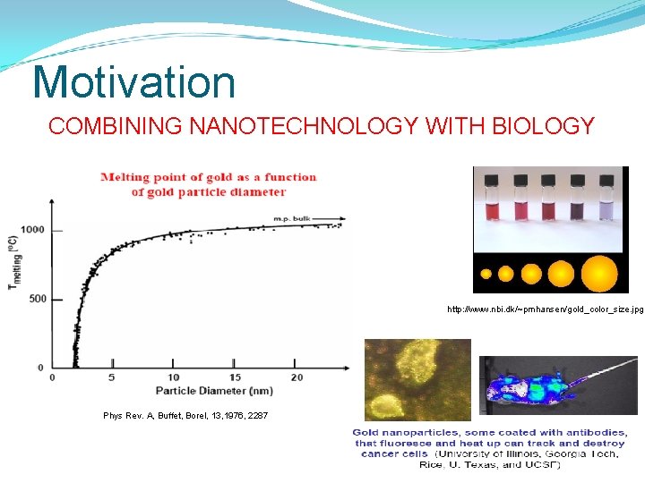 Motivation COMBINING NANOTECHNOLOGY WITH BIOLOGY http: //www. nbi. dk/~pmhansen/gold_color_size. jpg Phys Rev. A, Buffet,