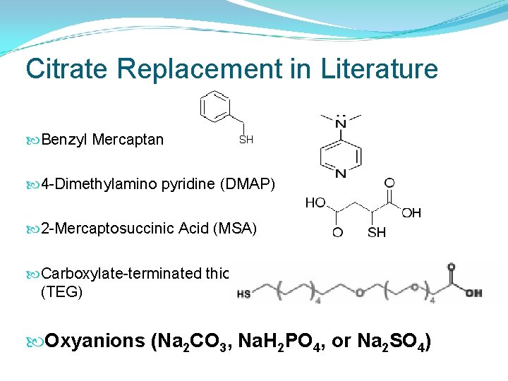 Citrate Replacement in Literature Benzyl Mercaptan 4 -Dimethylamino pyridine (DMAP) 2 -Mercaptosuccinic Acid (MSA)