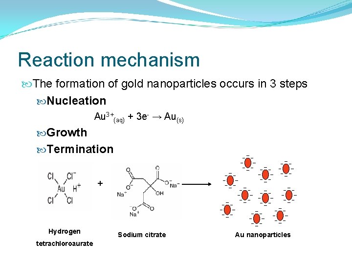 Reaction mechanism The formation of gold nanoparticles occurs in 3 steps Nucleation Au 3+(aq)