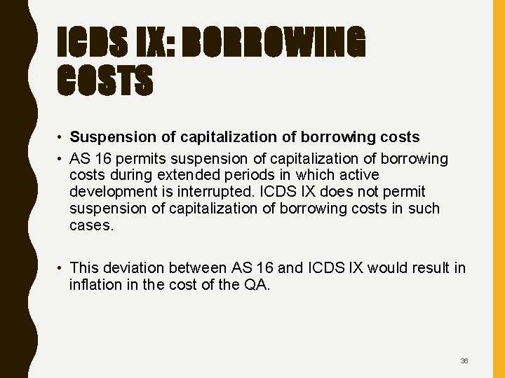 ICDS IX: BORROWING COSTS • Suspension of capitalization of borrowing costs • AS 16