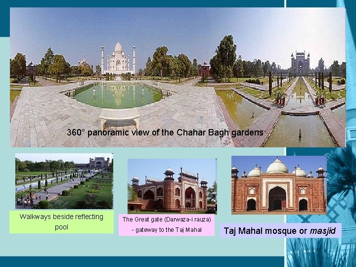 360° panoramic view of the Chahar Bagh gardens Walkways beside reflecting pool The Great