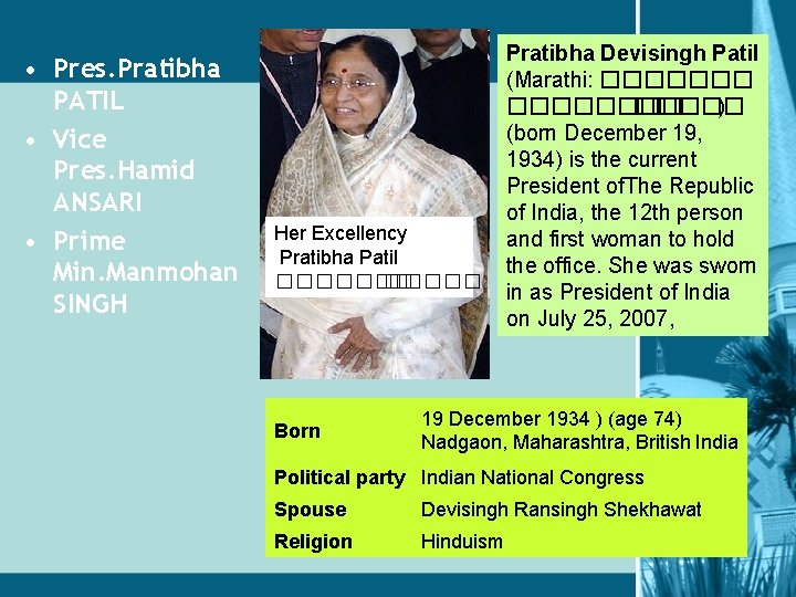  • Pres. Pratibha PATIL • Vice Pres. Hamid ANSARI • Prime Min. Manmohan